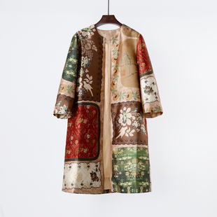 华贵大气 定位印花极简圆领优雅新中式中长款风衣外套 桑蚕丝内里