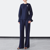 高腰直筒长裤 斜裁蘑菇褶圆领上衣 真丝里气质显瘦套装 精纺羊毛