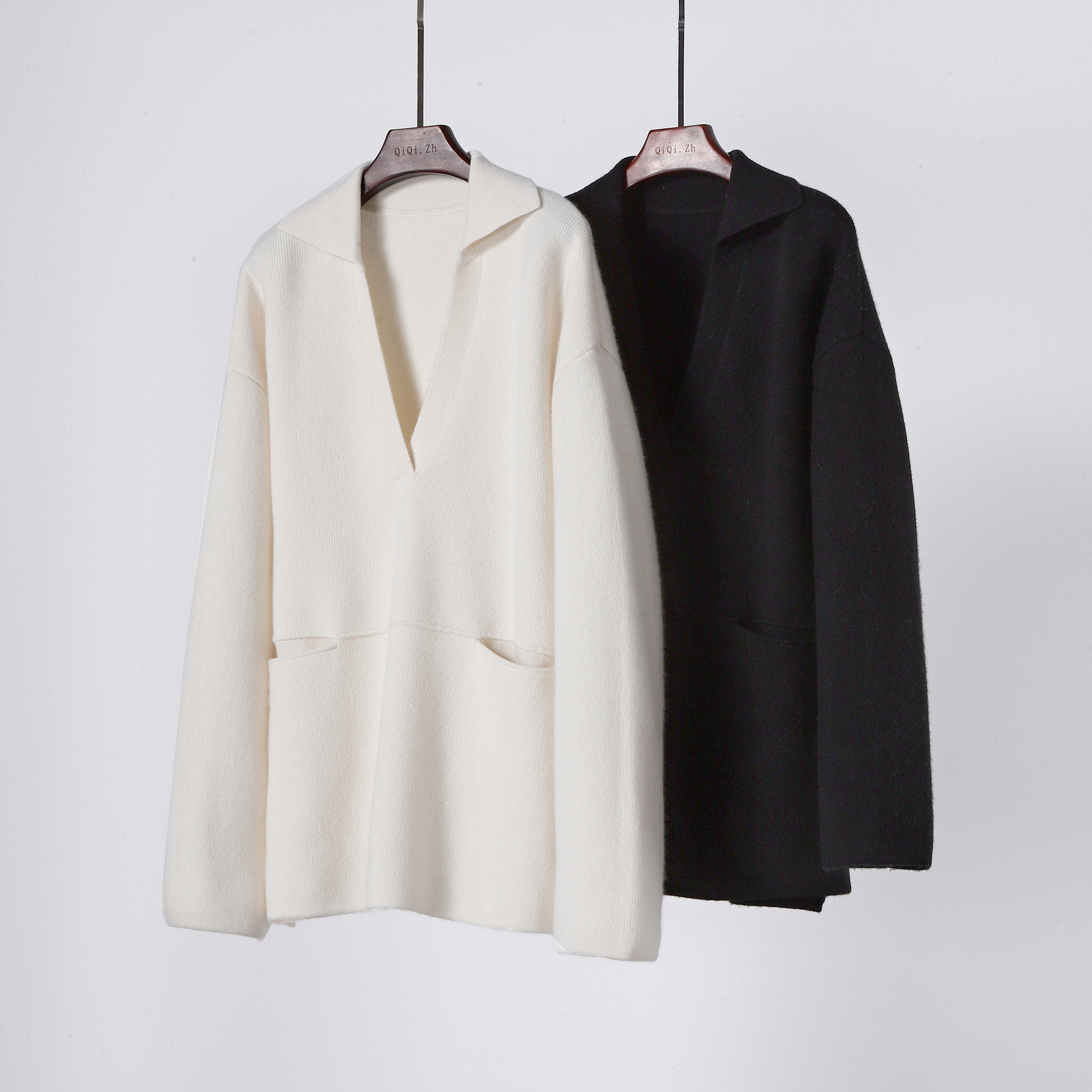 高克重山羊绒翻v领羊绒衫