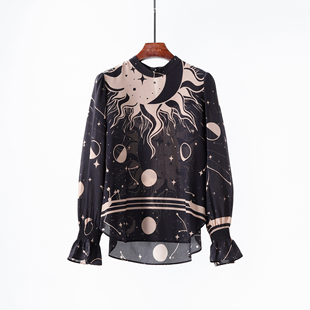 利落正肩 小重磅真丝定位印花桑蚕丝长袖立领上衬衫