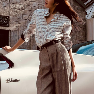 衬衫 自在条纹 大口袋翻领宽松长袖 B～C经典 时髦神器