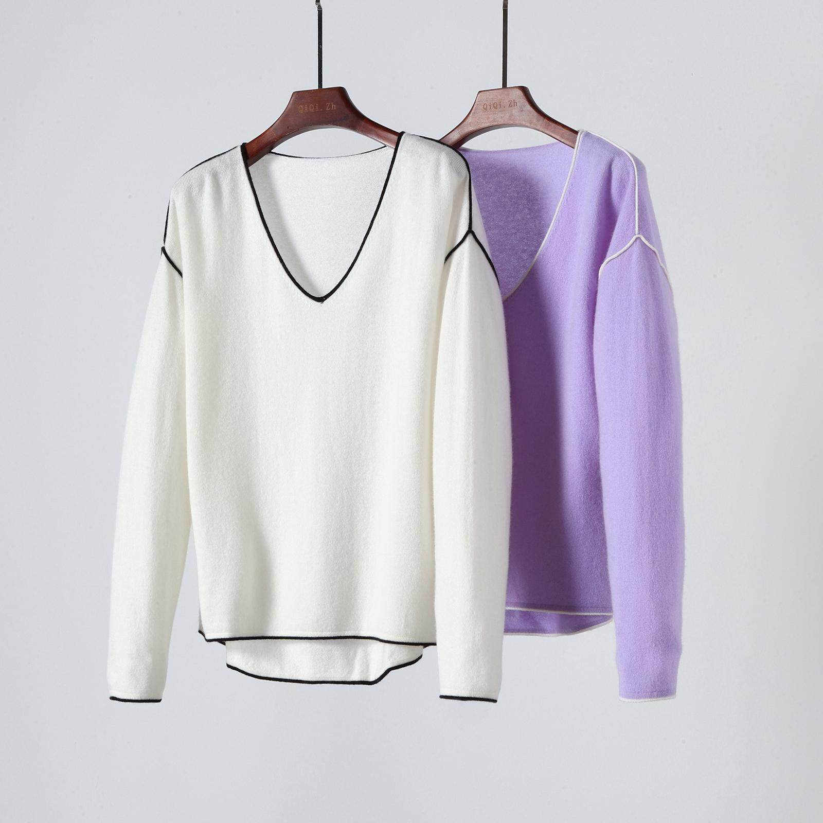松软舒适 拼色边羊绒衫 V领宽松休闲毛衣,女装/女士精品,毛针织衫,淘宝优惠券,粉丝福利购,淘宝优惠卷