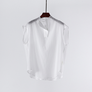 心机叠穿 极简轻纱 白色立领无袖V领短袖衬衫 百搭通勤上衣