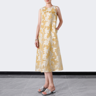 包扣背心裙 唯美复古真丝欧根纱提花无袖 宽松A字桑蚕丝连衣裙