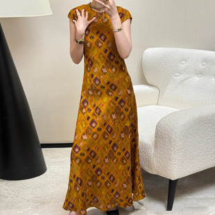 重磅真丝缎面花萝提花香云纱气质斜裁桑蚕丝长款 连衣裙