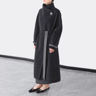 双面异色立领山羊绒羊毛长款 毛呢大衣女收腰系带气质外套