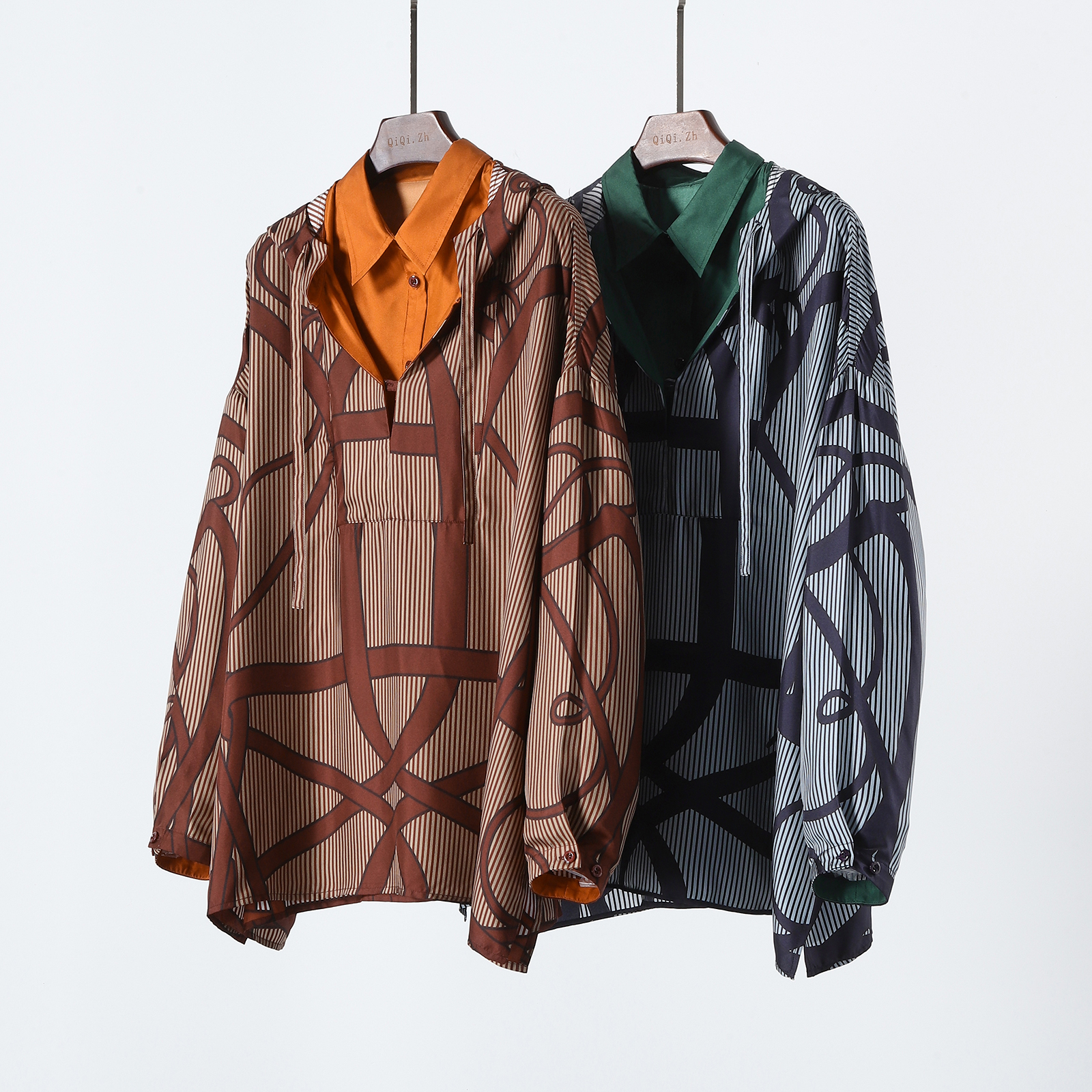 真丝衬衫假两件连帽上衣