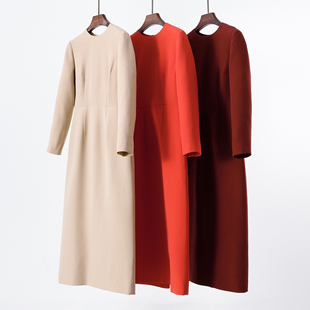 轻熟优雅 真丝羊毛+桑蚕丝内衬 长袖连衣裙女修身圆领直筒裙长裙