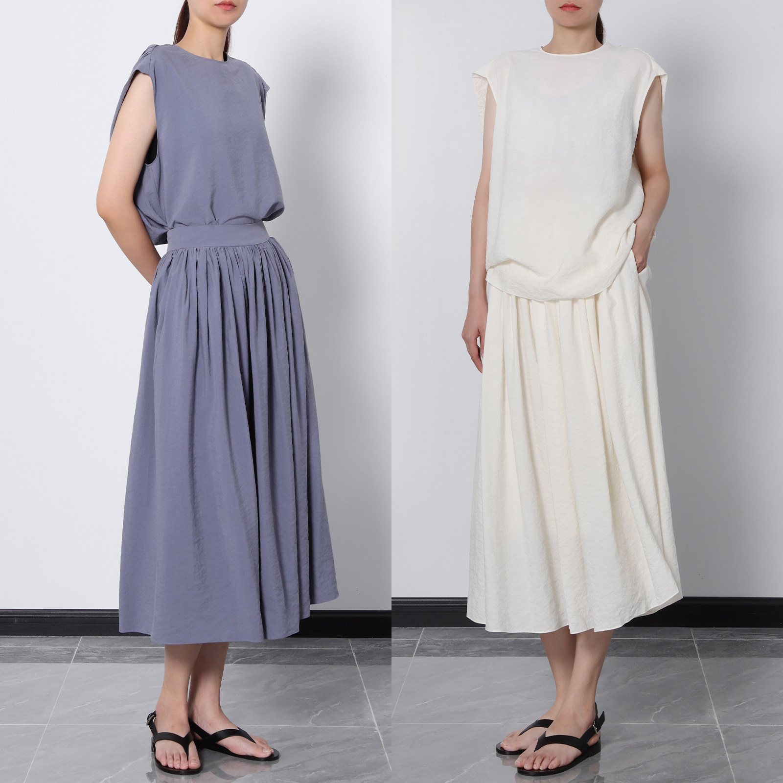 实穿主义 干丝真丝无袖遮肩上衣 高腰大摆半身裙 桑蚕丝休闲套装