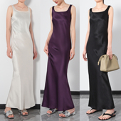 华丽缎面优雅斜裁方领吊带长裙 重磅斜纹微皱醋酸露背背心连衣裙