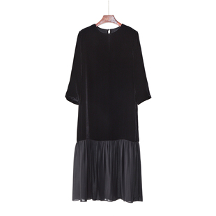 早春新款 真丝丝绒拼桑蚕丝宽松显瘦高级感气质桑蚕丝连衣裙