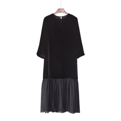 早春真丝丝绒拼桑蚕丝显瘦连衣裙