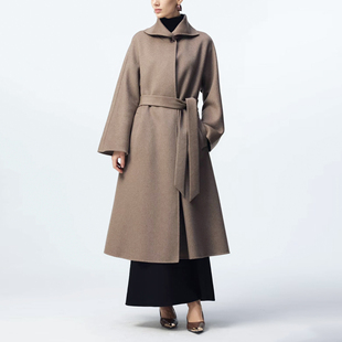高克重山羊绒羊毛落肩翻领收腰手缝双面中长款大衣 双面毛呢外套