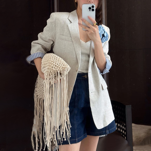 原色麻短袖休闲外套 超值 粗纺高克重亚麻短袖西装 上衣