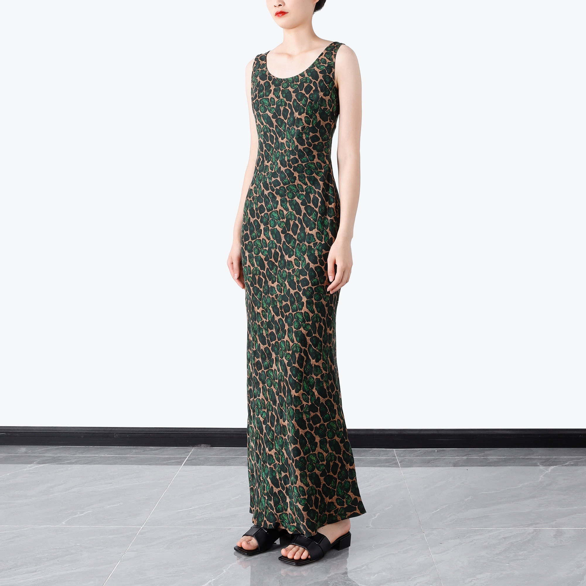 重磅真丝提花花萝缎面红云纱无袖修身背心连衣裙 桑蚕丝长裙