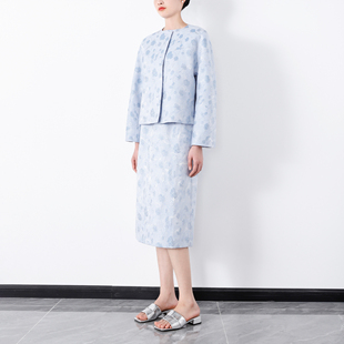 等翻单 上久楷重磅提花真丝羊毛套装 短款上衣一字领修身连衣裙