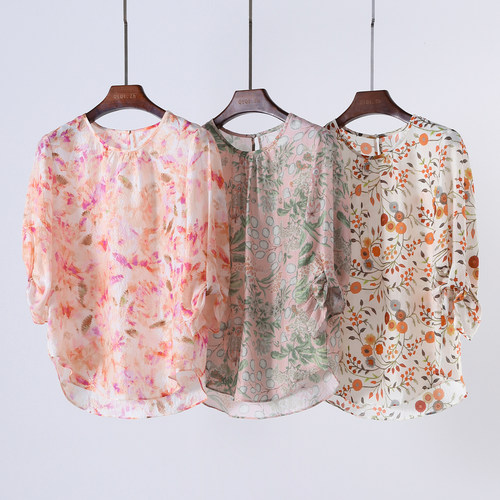 真丝桑蚕丝圆领印花上衣