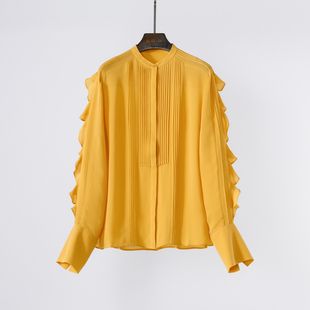 真丝荷叶边立领压褶桑蚕丝长袖衬衫