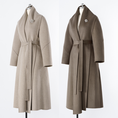 山羊绒双面呢大翻领系带收腰大衣