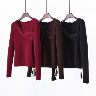 别致蝴蝶结 极细美丽诺精纺羊毛扭结长袖修身针织打底衫 薄毛衣