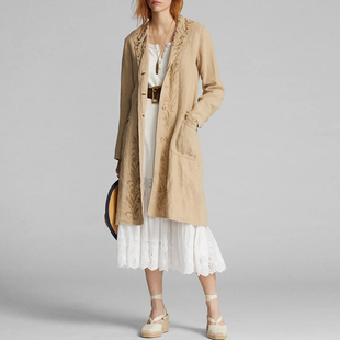 重工刺绣重磅亚麻绣花中长款风衣外套 休闲宽松大衣