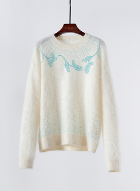 蓝色星河 白色拉毛羊绒衫 重工钉珠刺绣山羊绒圆领套头针织毛衣