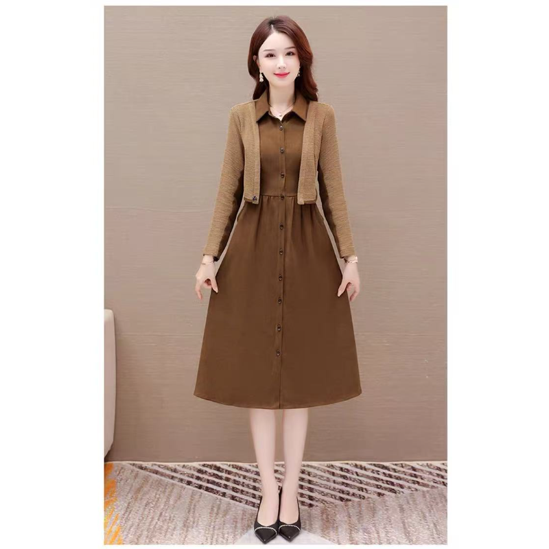 L539 秋季新款时尚气质收腰显瘦长袖假两件中长款连衣裙JR