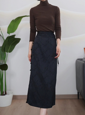 X008 春夏款新中式国风盘扣提花开叉半身裙