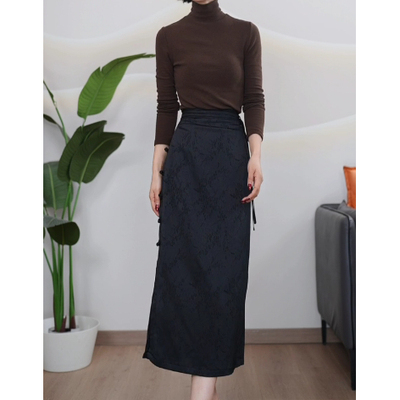 X008 春夏款新中式国风盘扣提花开叉半身裙