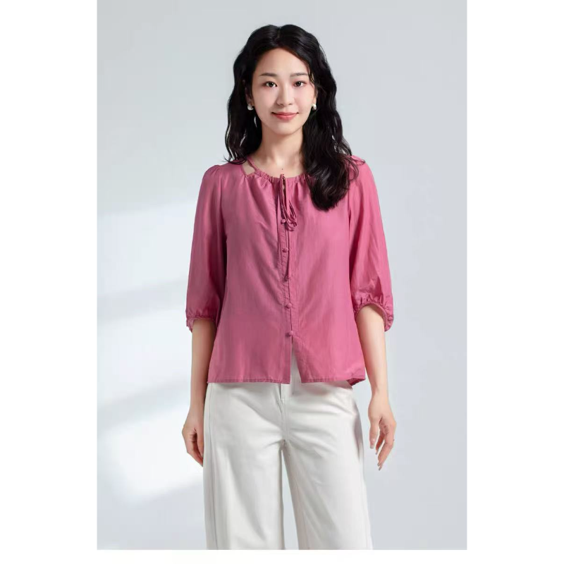 A121 夏季新款时尚气质百搭显瘦减龄圆领系带七分袖小衫JR