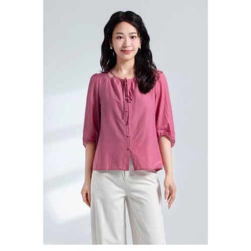 A121 夏季新款时尚气质百搭显瘦减龄圆领系带七分袖小衫JR