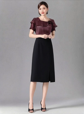 E070 夏款新款时尚洋气气质花朵装饰拼接撞色假两件连衣裙