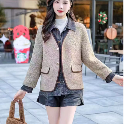 A010 秋冬时尚羊毛牛仔拼接领洋气休闲百搭宽松外套JR