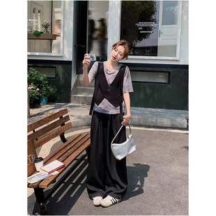 T412 夏季新款洋气减龄显瘦设计感假两件上衣+阔腿裤两件套