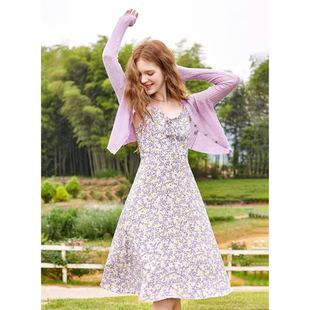 C265 春夏季针织开衫+碎花吊带连衣裙套装女温柔气质两件套