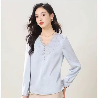S069  春季新款法式蕾丝花边V领气质长袖衬衫
