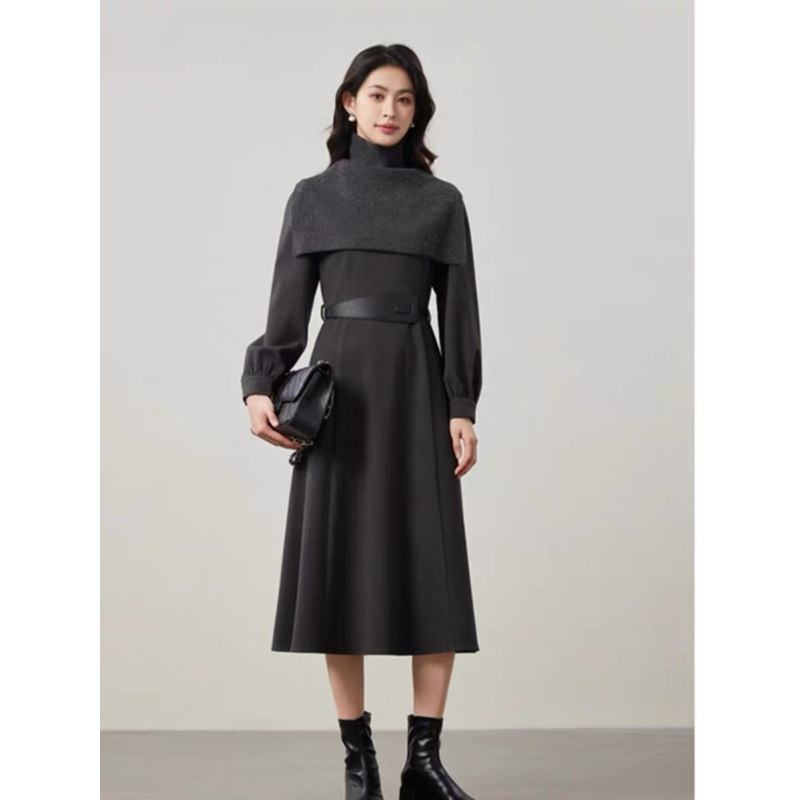 P108 秋季新款小众设计高品质拆卸高领针织披肩气质连衣裙