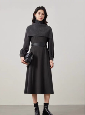 P108 秋季新款小众设计高品质拆卸高领针织披肩气质连衣裙
