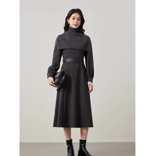 P108 秋季新款小众设计高品质拆卸高领针织披肩气质连衣裙