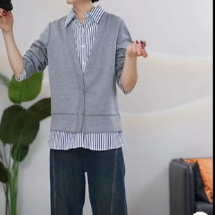 C927 春秋时尚通勤舒适衬衣领拼接假两件上衣小衫