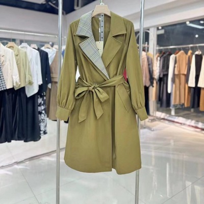 3223 春季新款格纹拼接双层领小众设计感收腰显瘦气质风衣外套Man