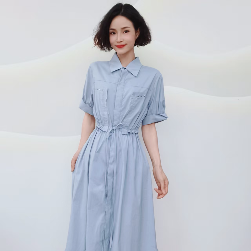6897 夏季新款纯色时尚起气质抽绳收腰显瘦连衣裙LY