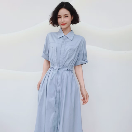 6897 夏季新款纯色时尚起气质抽绳收腰显瘦连衣裙LY