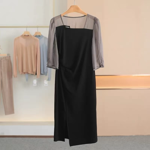 L725 夏季新款法式气质拼色显瘦开叉连衣裙JR