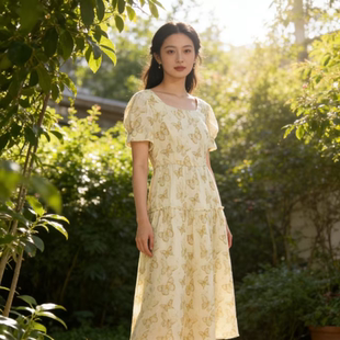 6102 夏款温柔气质方领蝴蝶印花泡泡袖连衣裙JR