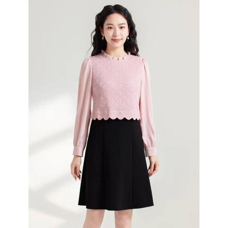 8010 春季新款优雅时尚木耳领假两件显瘦连衣裙JR