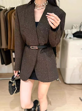 W605 春秋新款韩版时尚洋气简约V领一粒扣系腰带显瘦外套