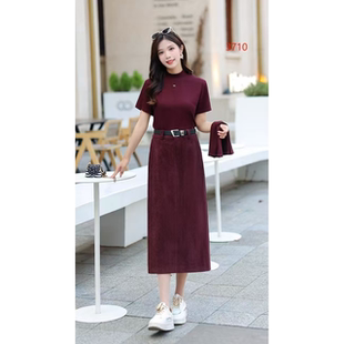 洋气可拆卸袖 时尚 子上衣高腰半身裙两件套套裙 春秋款 3710