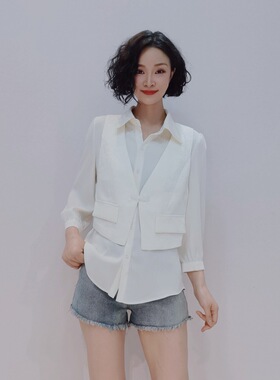 4A21 春季2024新款国风纯色提花拼接轻奢时尚显瘦洋气假两件小衫