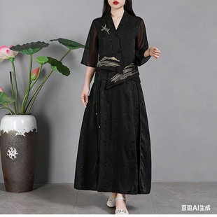 1062 春夏款新中式文艺气质刺绣提花V领上衣+半身裙两件套套裙JT